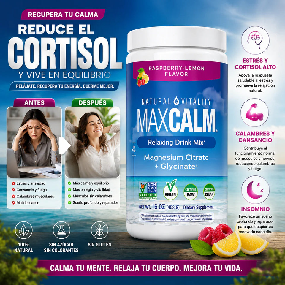 MAX CALM® BEBIDA RELAJANTE DE MAGNESIO CALMA, DESCANSO Y BIENESTAR EN CADA VASO.